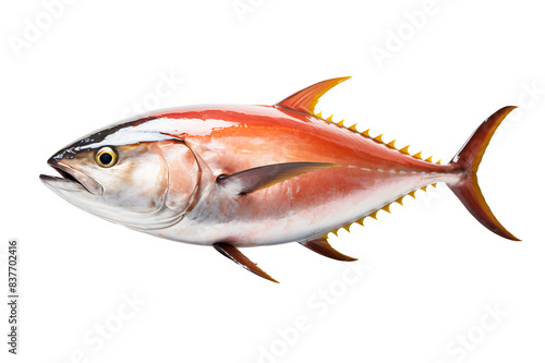 Yellowfin Tuna or bonito is species of found in pelagic waters of tropical. Thunnus albacares. isolated on cut out PNG or transparent background.  Realistic animal fish clipart template pattern. photo