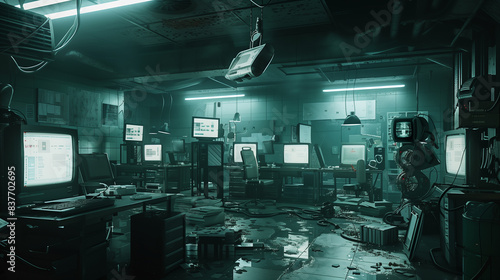 A room with many computer monitors and a lot of trash