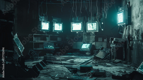 A room with a lot of old televisions and computer monitors