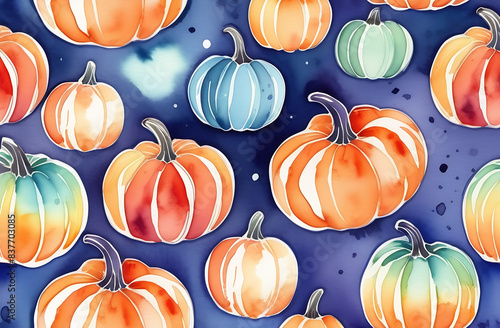 watercolor drawn pattern with orange and blue pumpkins on dark blue background