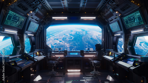 Fototapeta Naklejka Na Ścianę i Meble -  A space shuttle cockpit with a view of the Earth