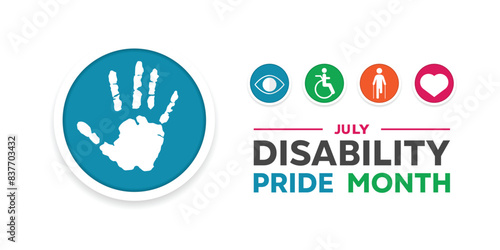 Disability Pride Month. Hand, eye, people icon and more.  Great for cards, banners, posters, social media and more. White background.  
