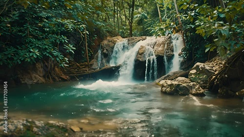 A tranquil waterfall in a lush forest photo
