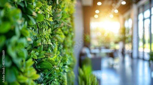  A tight shot of a green office wall, adorned with side-growing plants In the picture's depth, a table lies within the room background