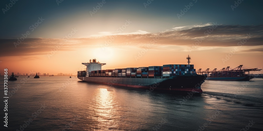 Fototapeta premium Majestic Container Ship at Sunset Harbor