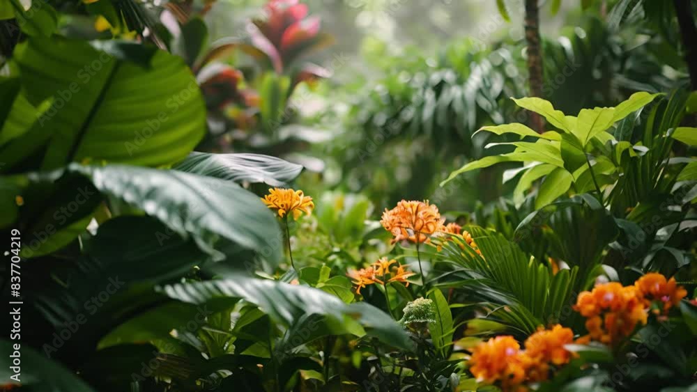 A vibrant tropical garden with lush greenery and bright orange flowers A vibrant tropical garden with lush greenery and bright orange flowers