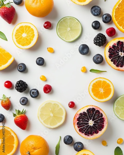 Fresh, colorful fruits arranged neatly on a white background