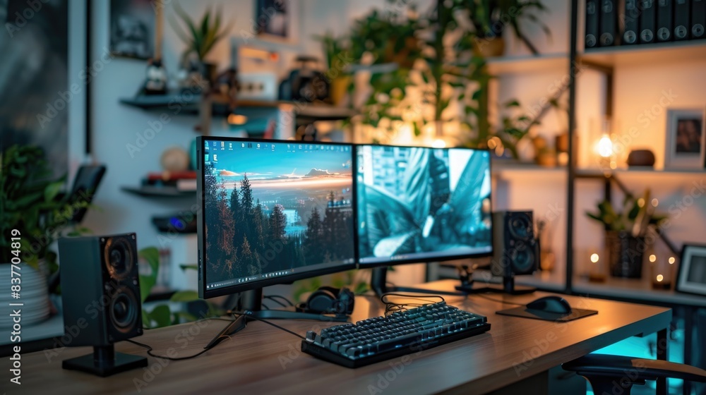 Modern Office Desk with Dual Monitors and Greenery, Softly Illuminated, Modern Office Desk with Dual Monitors and Greenery, Softly Illuminated,