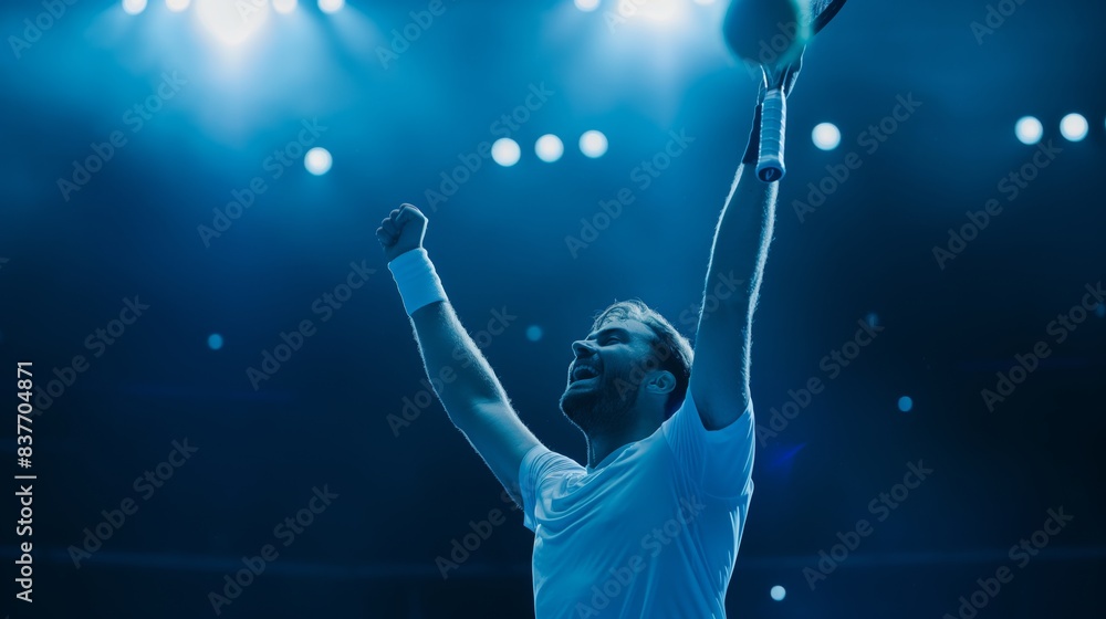 An exuberant male tennis player raises his arms in a gesture of victory, highlighted against stadium lights An exuberant male tennis player raises his arms in a gesture of victory, highlighted against stadium lights