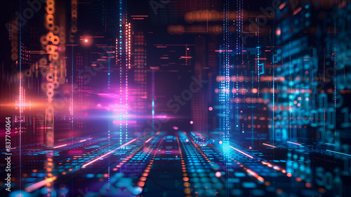 Wallpaper Mural Futuristic Digital Communication Background Featuring Coding and AI Elements in a Dark, Cyber Virtual Space with Blue Neon Effects Torontodigital.ca