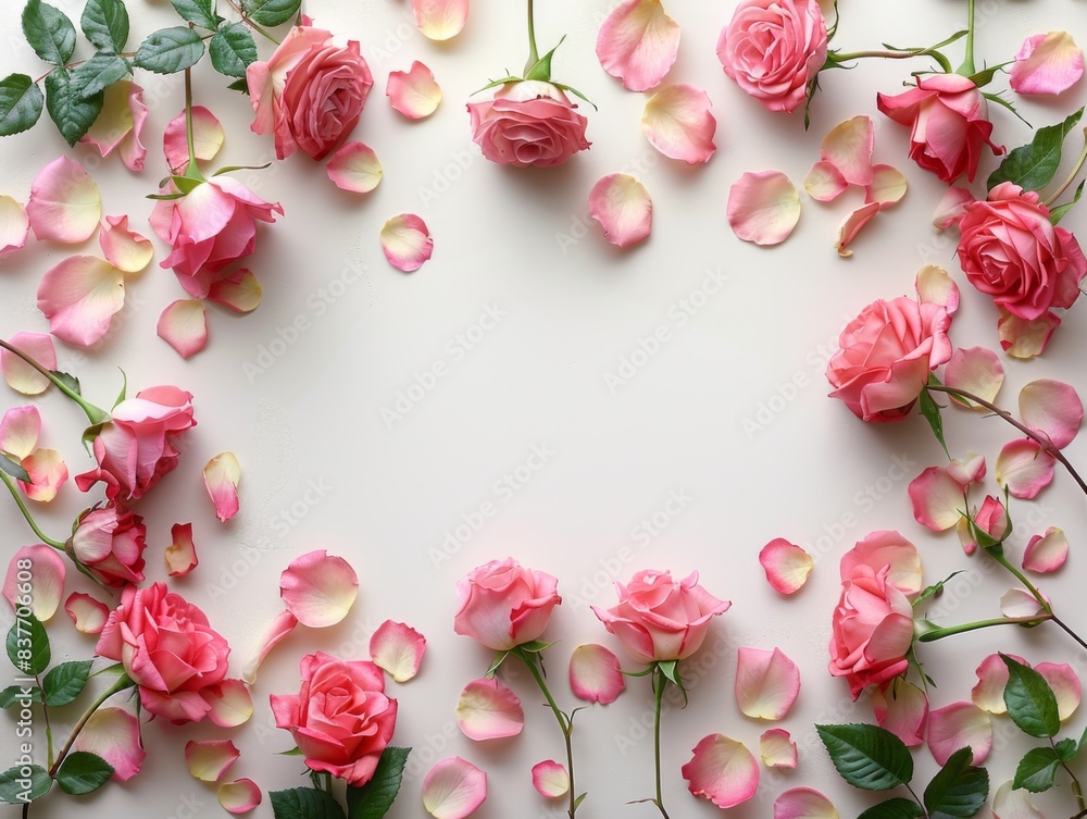 Pink roses and petals scattered elegantly on a white background, creating a romantic floral scene.
Pink roses and petals scattered elegantly on a white background, creating a romantic floral scene.