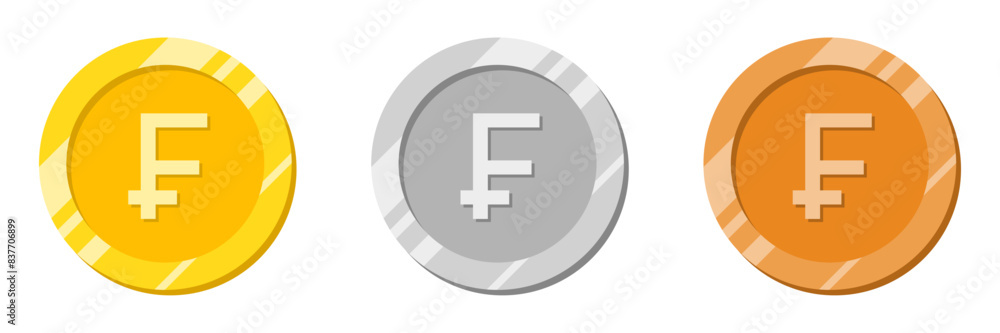 Frank coin in golden color. Switzerland currency with shiny effect vector illustration in gold, silver and bronze color. Frank coin vector. Frank coin in golden color. Switzerland currency with shiny effect vector illustration in gold, silver and bronze color. Frank coin vector.