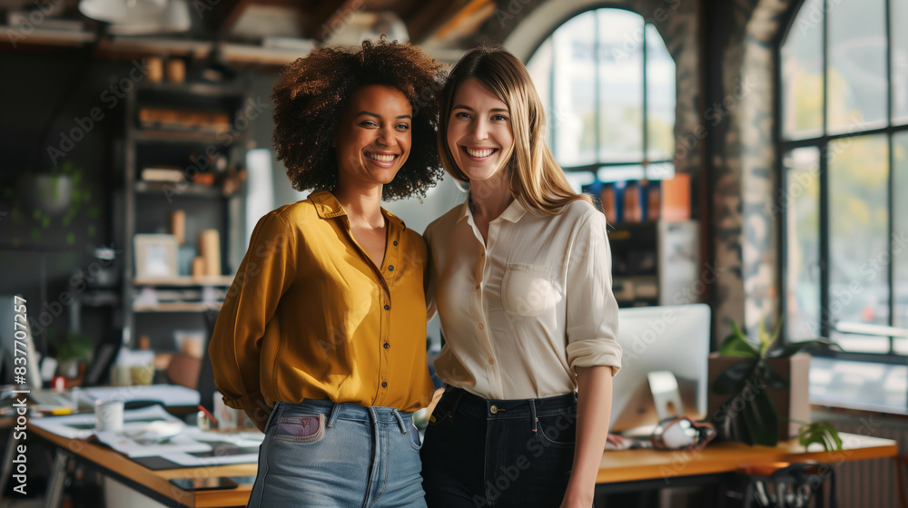 Two young female students are starting their own startup. A black woman and a white woman stand side by side and pose for a photo in a business setting Two young female students are starting their own startup. A black woman and a white woman stand side by side and pose for a photo in a business setting