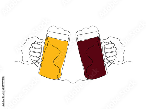 Abstract hand with mug, glass beer,continuous single line art drawing sketch, logo