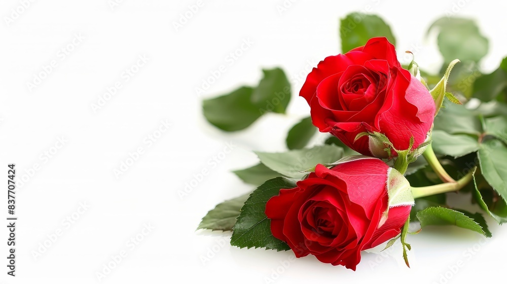 Two red roses with green leaves against a pristine white background Space available for text or image insertion at the back Two red roses with green leaves against a pristine white background Space available for text or image insertion at the back