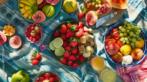 Aerial view of a picnic blanket with assorted summer treats including fruit slices and ice cream