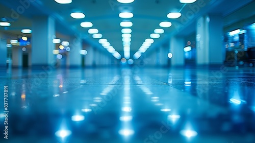 ceiling lights illuminate, blue floor midway Room's opposite side, lights aglow © Mikus