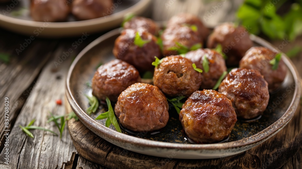 Close-up view of golden brown meatballs served on a rustic plate. Close-up view of golden brown meatballs served on a rustic plate.