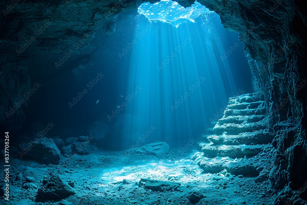Obraz premium Sunlight Beaming into Underwater Cave with Rocky Steps - Nature Photography Design for Print