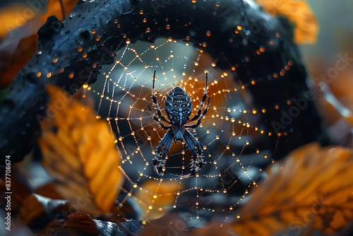 An arthropods spider web made of natural material is intricately woven among leaves in a forest, creating a beautiful pattern while capturing insects for the terrestrial animal photo