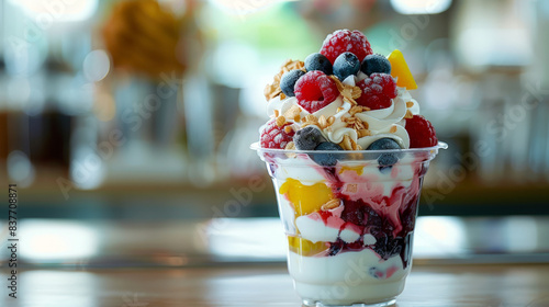 Frozen yogurt with a variety of colorful toppings in a stylish glass cup on a summer day