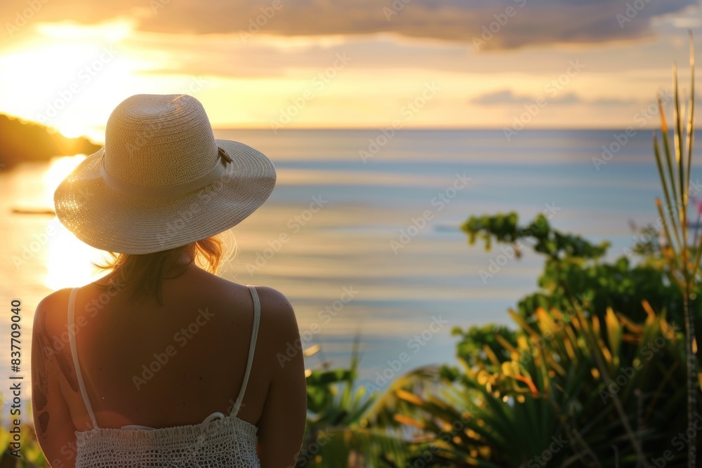 Fototapeta premium Woman facing sunset over calm sea