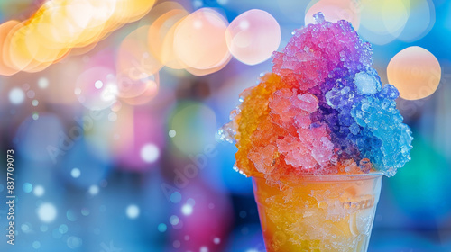 Abstract close-up of colorful shaved ice in a cone with blurred background of a summer carnival