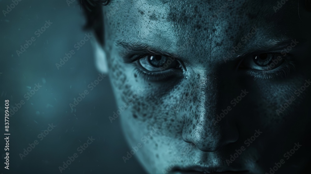 A close-up of a man with freckles dotting his face, gazing intently into the camera A close-up of a man with freckles dotting his face, gazing intently into the camera