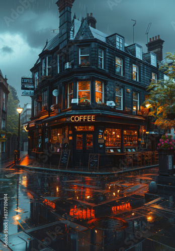 Coffee shop and bar in the rain in the city of London UK