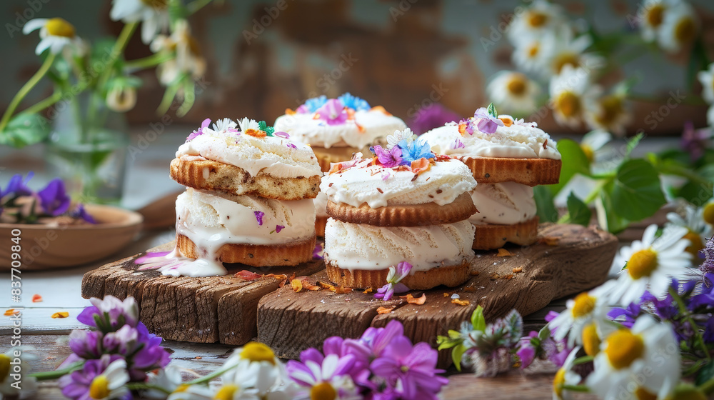 Creative display of ice cream sandwiches on a rustic wooden board with summer flowers around Creative display of ice cream sandwiches on a rustic wooden board with summer flowers around