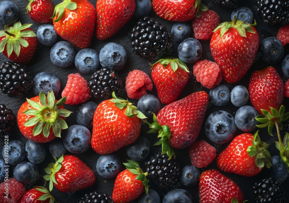 Mixed berries including strawberries, blueberries, raspberries, and blackberries, vibrant and fresh. Mixed berries including strawberries, blueberries, raspberries, and blackberries, vibrant and fresh.