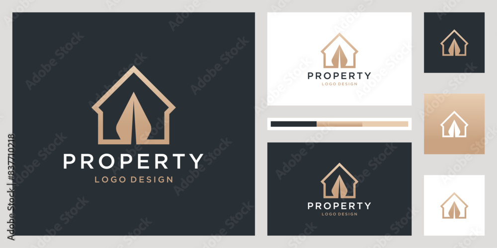 Fototapeta premium Minimalist elegant home vector logo design with line art style