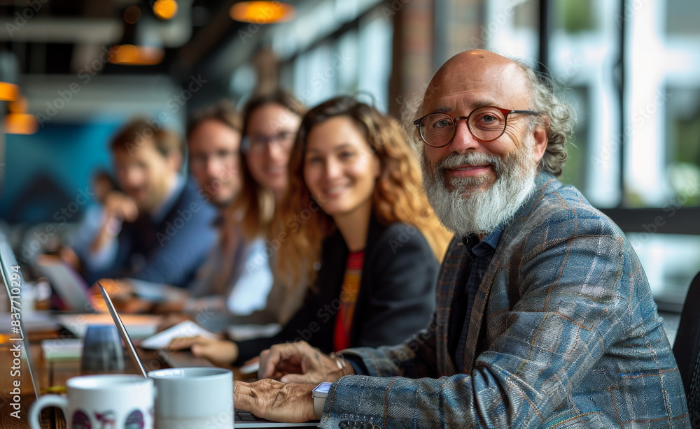 Man with beard sits at table with laptop and other people in meeting. Man with beard sits at table with laptop and other people in meeting.