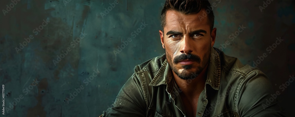Hispanic man in work force. Hard worker, tough guy with serious face Hispanic man in work force. Hard worker, tough guy with serious face