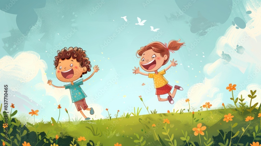 Cartoon-style illustration of two children happy to find something Cartoon-style illustration of two children happy to find something