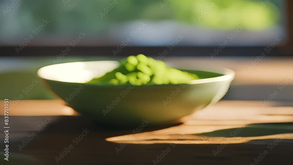 Green tea matcha powder in a traditional wooden bowl placed on a rustic table outdoors.