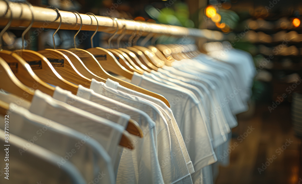 Obraz premium White t-shirts on hangers in clothing store