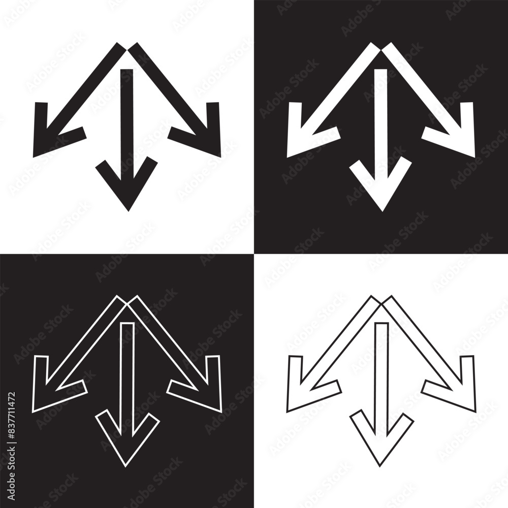 Three-way, two-way or one -way inward or outward pointing mini arrows. A symbol made from a trio of small black arrow shapes. Isolated on a white and black background. EPS 10 Three-way, two-way or one -way inward or outward pointing mini arrows. A symbol made from a trio of small black arrow shapes. Isolated on a white and black background. EPS 10