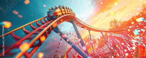 Amusement park roller coaster ride, close up, focus on, copy space, vibrant colors, Double exposure silhouette with thrill rides