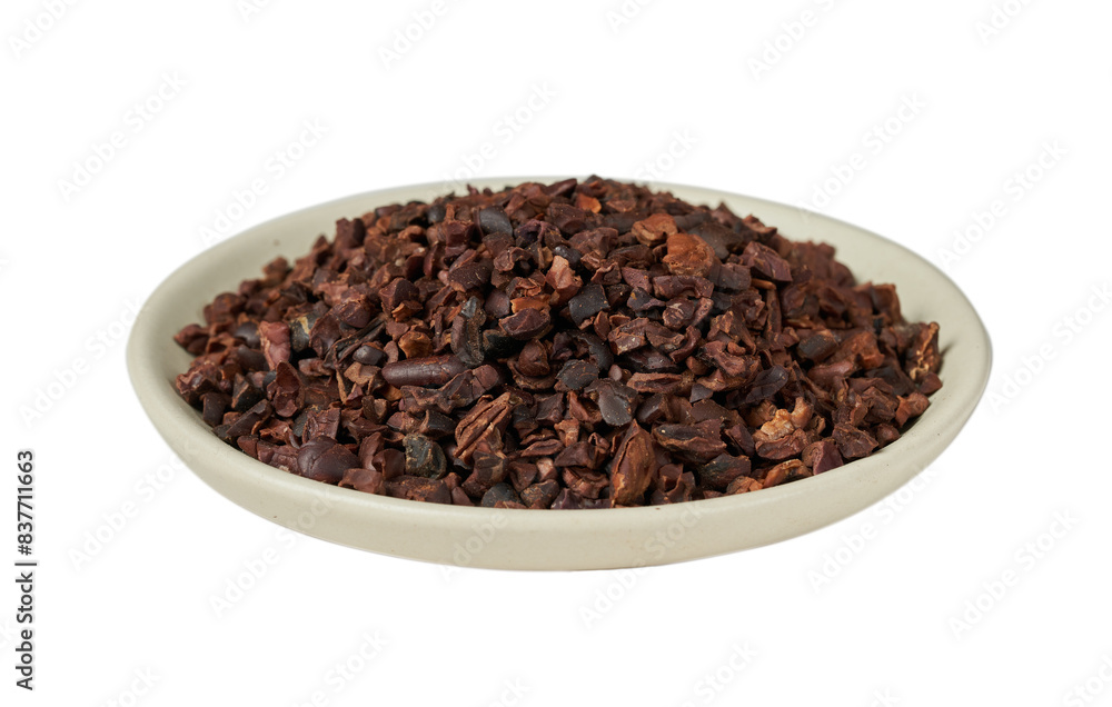 closeup cacao cocoa nib in bowl isolated on white background. closeup cacao cocoa nib in bowl isolated on white background.
