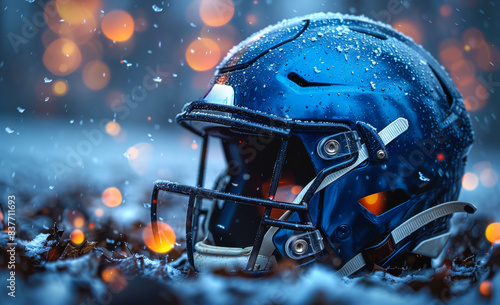 American football helmet laying on the ground in the snow