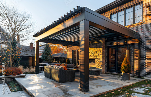 morning sunlight spills through a matte black louvered pergola on a back patio, attached is a midwest modern farmhouse home designed with simple landscape design