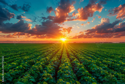 Green field of lettuce under dramatic sky at sunset