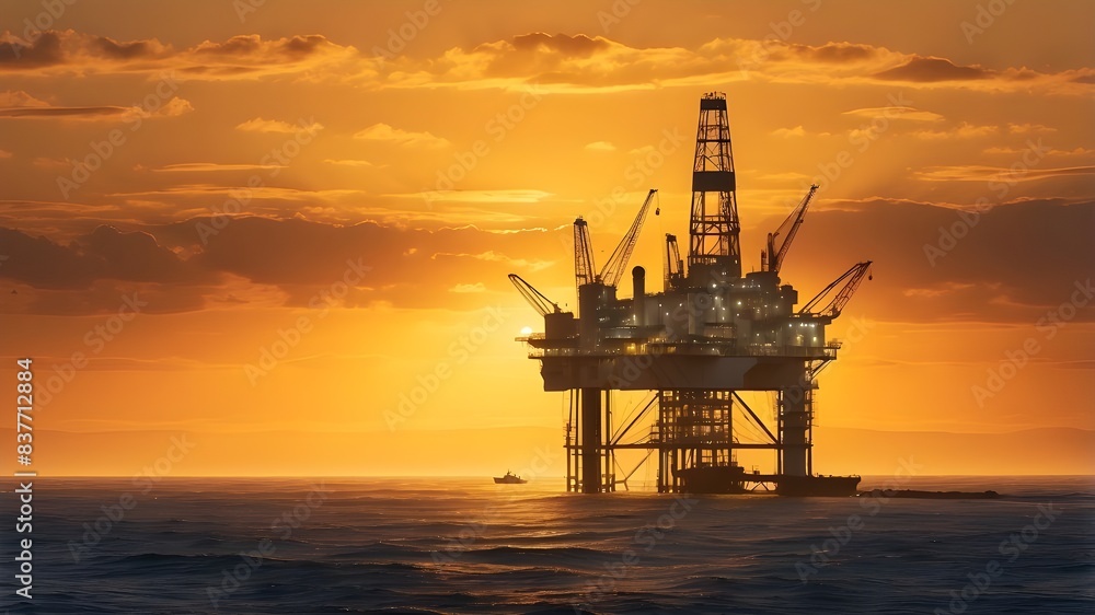 Golden hues of dawn cast a warm glow on the surface of the ocean, while the oil drilling platform gleams with artificial light. Golden hues of dawn cast a warm glow on the surface of the ocean, while the oil drilling platform gleams with artificial light.
