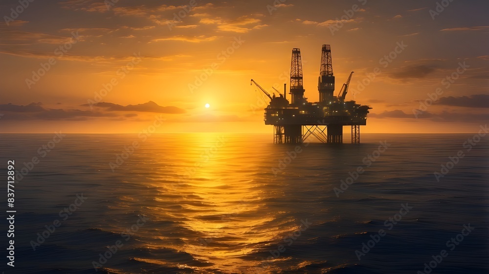 Golden hues of dawn cast a warm glow on the surface of the ocean, while the oil drilling platform gleams with artificial light.