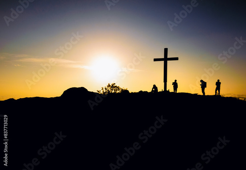 Wallpaper Mural Four photographers silhouette stand in Kojori viewpoint with sunrise background. Creative work and filming outdoors Torontodigital.ca