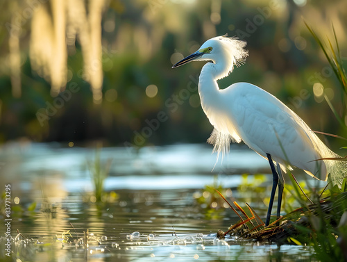 Graceful egret wades through calm waters, searching for fish in a tranquil snowy landscape.