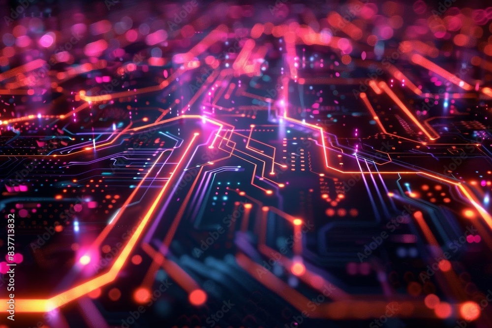 An abstract representation of a computer chip, with glowing red and blue lines and nodes on a black background. An abstract representation of a computer chip, with glowing red and blue lines and nodes on a black background.