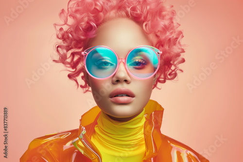 Fashion model with curly pink hair and oversized futuristic glasses, styled in neon colors. Bold fashion concept with a vibrant and futuristic twist.