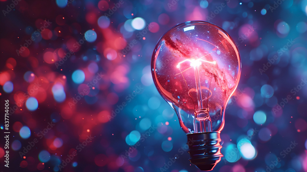 A glowing light bulb set against a vibrant, cosmic background. The image represents creativity and innovation, with colorful bokeh lights enhancing the dreamy, imaginative atmosphere A glowing light bulb set against a vibrant, cosmic background. The image represents creativity and innovation, with colorful bokeh lights enhancing the dreamy, imaginative atmosphere
